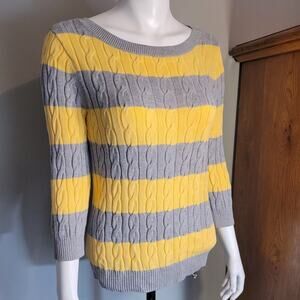 LOFT Ann Taylor Cable Knit Sweater Women’s M Yellow Gray Striped Cotton Boatneck